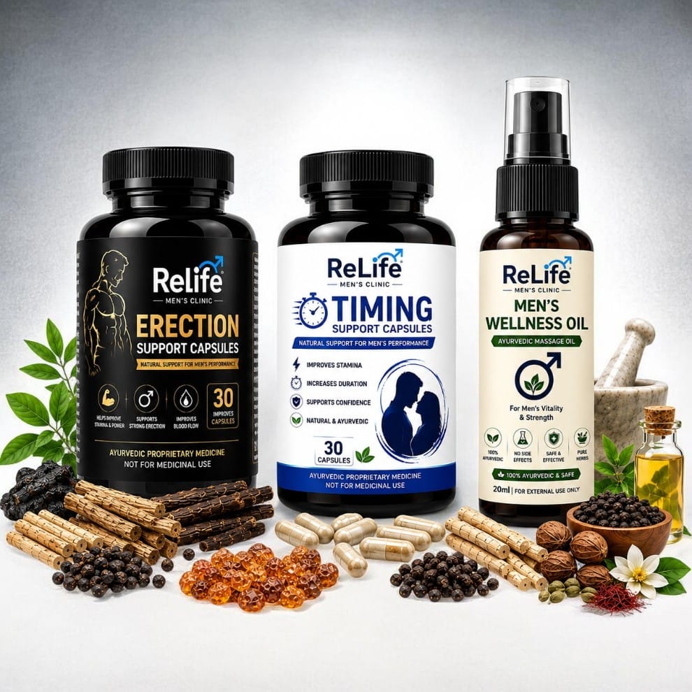 ReLife Men’s Performance & Vitality Combo | Erection Support + Timing Support Capsules + Men’s Wellness Oil