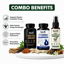 ReLife Men’s Performance & Vitality Combo | Erection Support + Timing Support Capsules + Men’s Wellness Oil