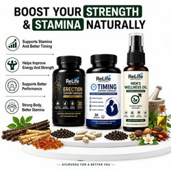 ReLife Men’s Performance & Vitality Combo | Erection Support + Timing Support Capsules + Men’s Wellness Oil