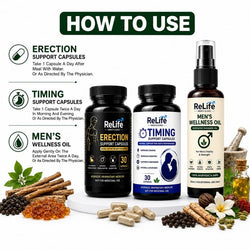 ReLife Men’s Performance & Vitality Combo | Erection Support + Timing Support Capsules + Men’s Wellness Oil